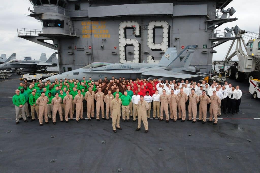 Scott and a large Navy team on a Aircraft carrier