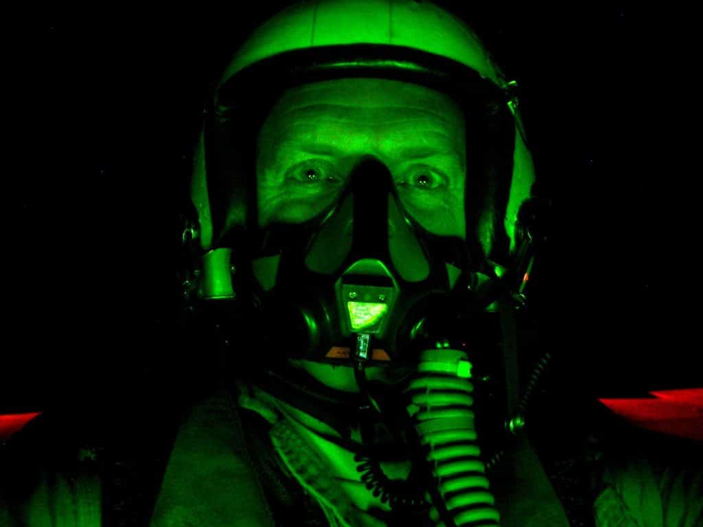 Night vision of Scott Kartvedt in the cockpit